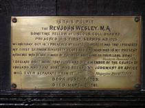 John Wesley plaque on the Pulpit