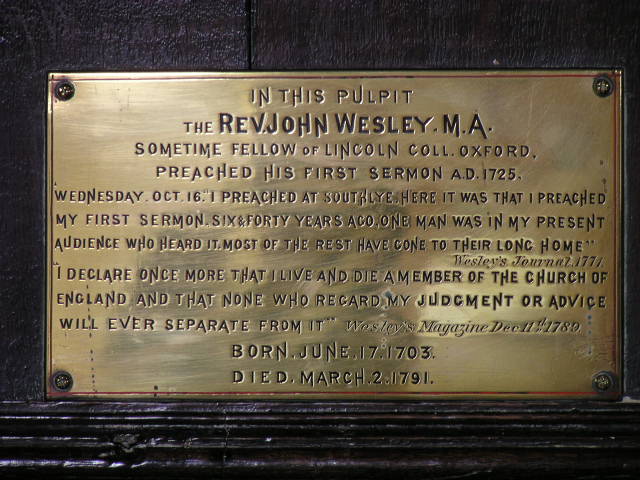 John Wesley plaque on the Pulpit